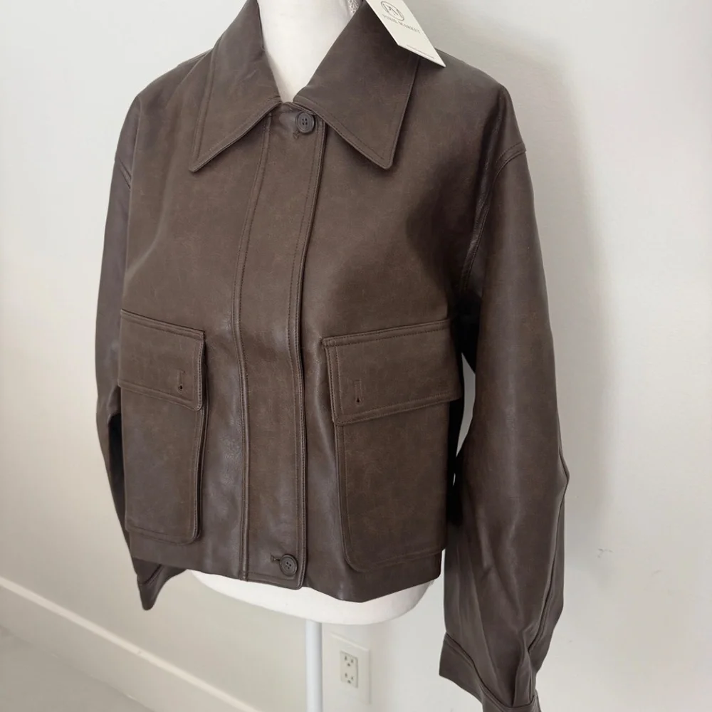 Pixie Market Brown Faux Leather Crop Bomber Patch Pocket Jacket NWT One Size - Picture 7 of 12